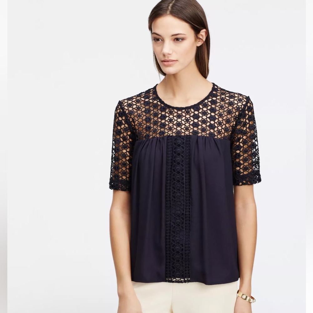 ANN TAYLOR ||  Navy Blue Lace Crochet Career Cocktail Blouse Sz S